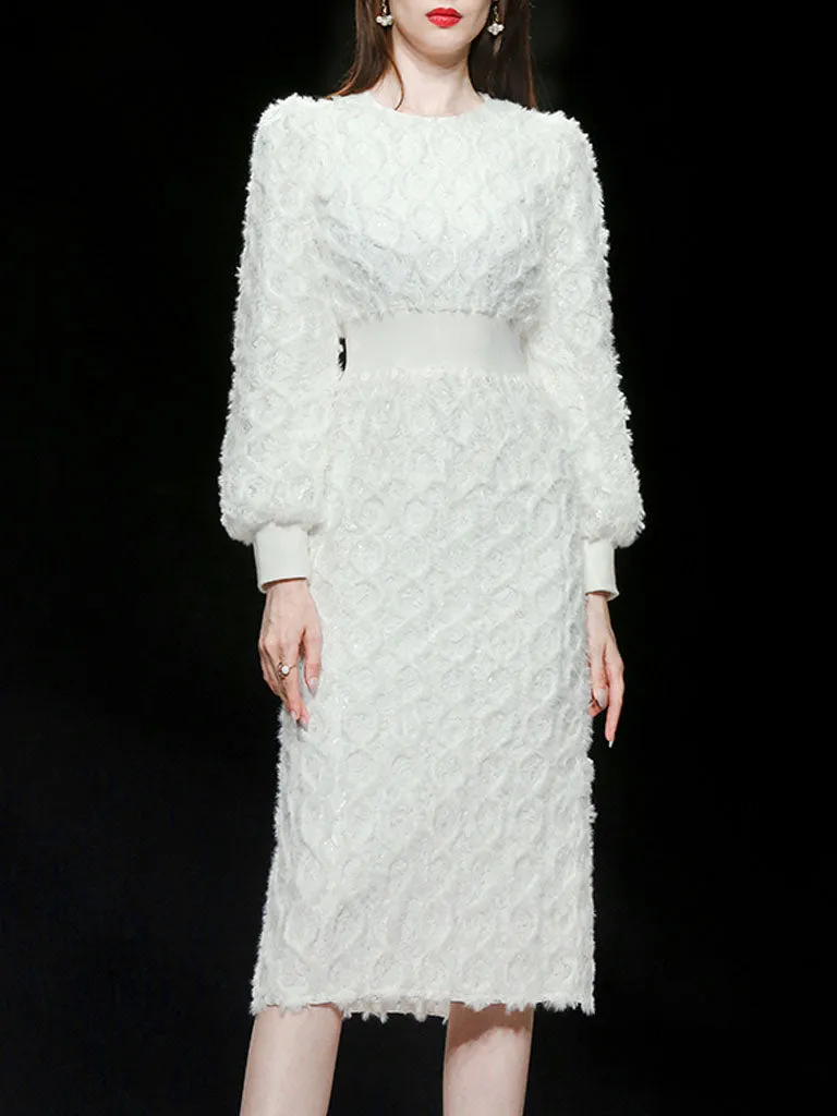 White Crew Collar Long Sleeve Lace Party 1960S Dress