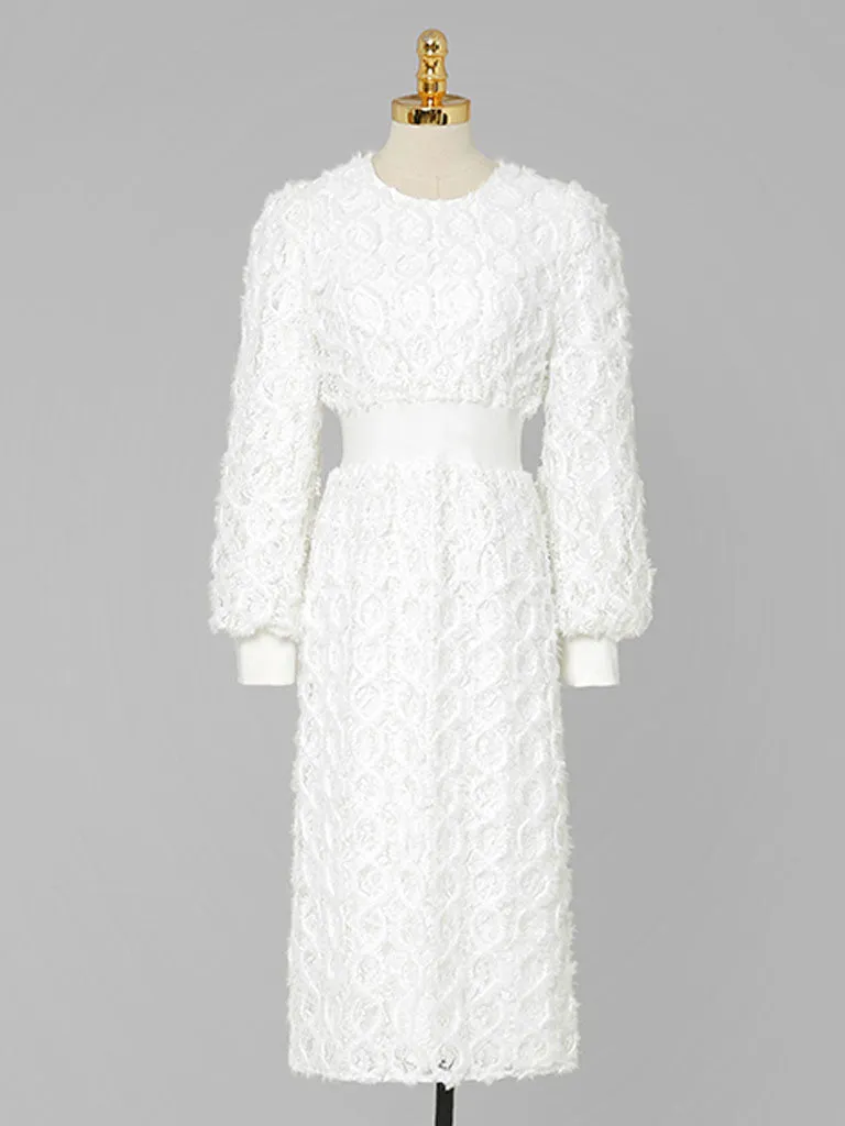 White Crew Collar Long Sleeve Lace Party 1960S Dress