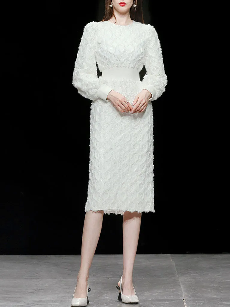 White Crew Collar Long Sleeve Lace Party 1960S Dress