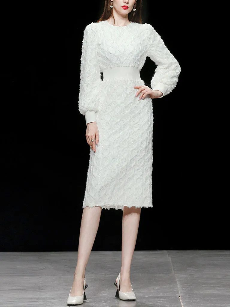 White Crew Collar Long Sleeve Lace Party 1960S Dress
