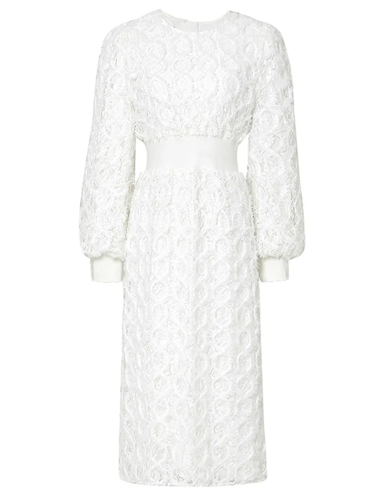 White Crew Collar Long Sleeve Lace Party 1960S Dress