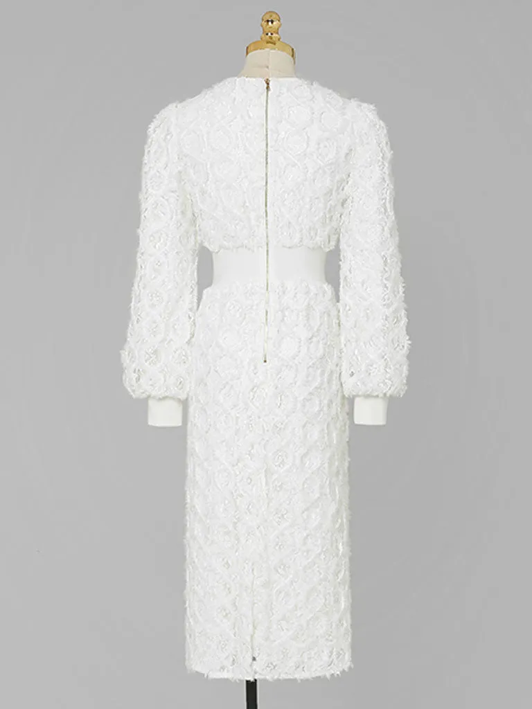 White Crew Collar Long Sleeve Lace Party 1960S Dress