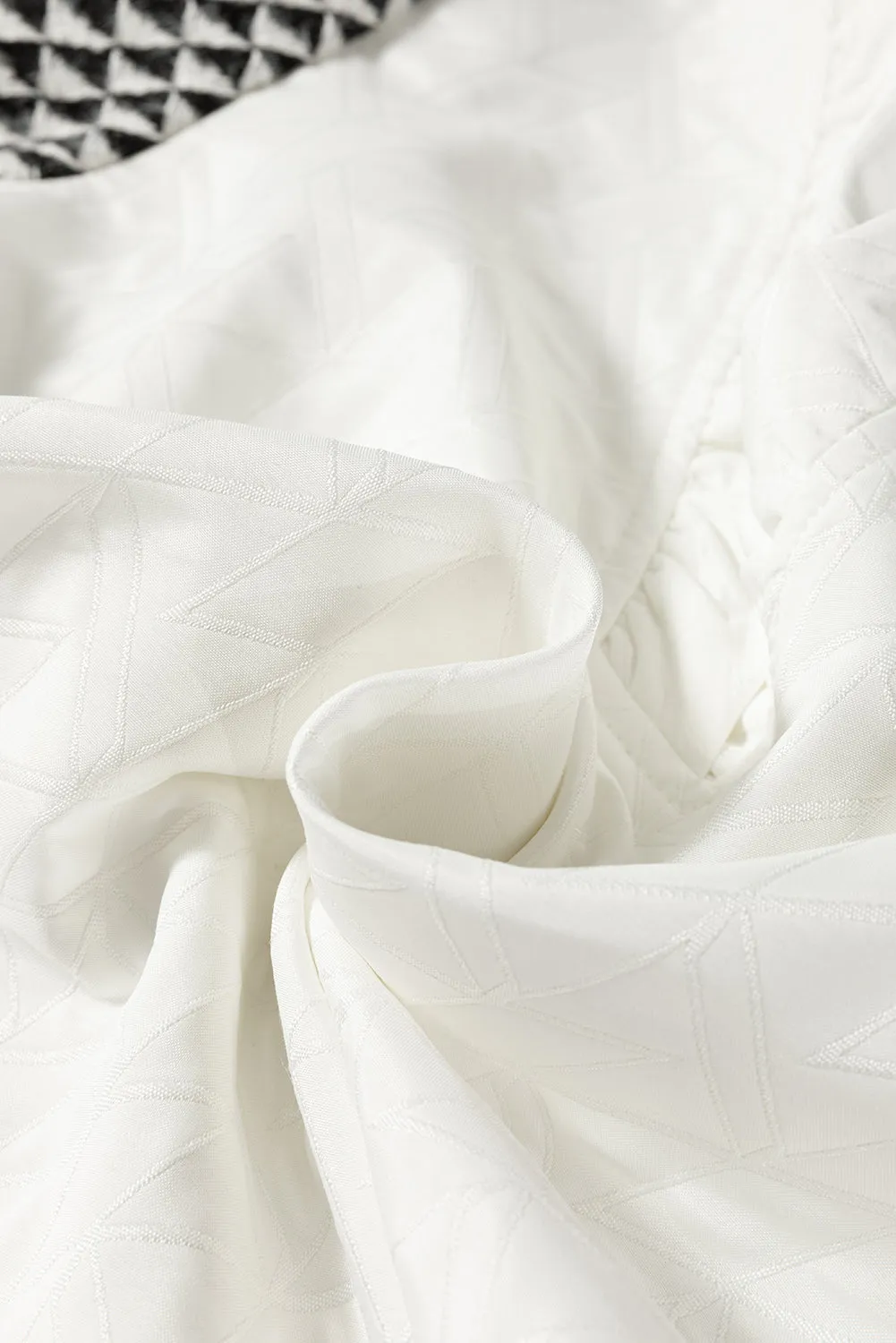 White Geometric Textured Short Sleeve Frilly V Neck Blouse