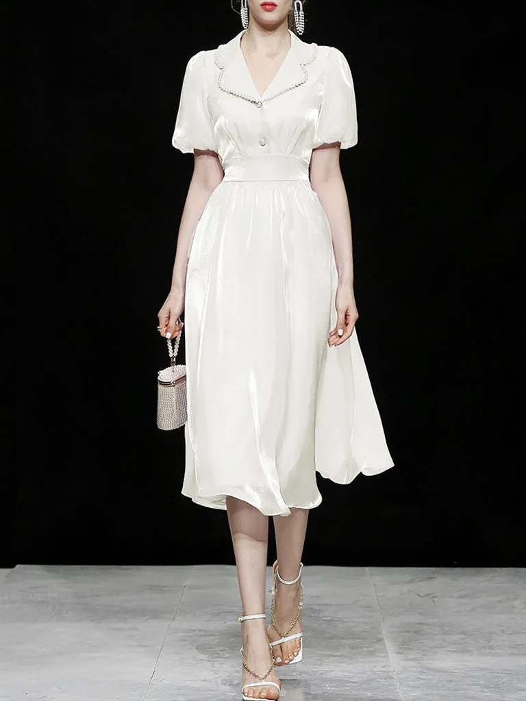 White Organza Pearl Collar Short Sleeve 1950S Swing Dress