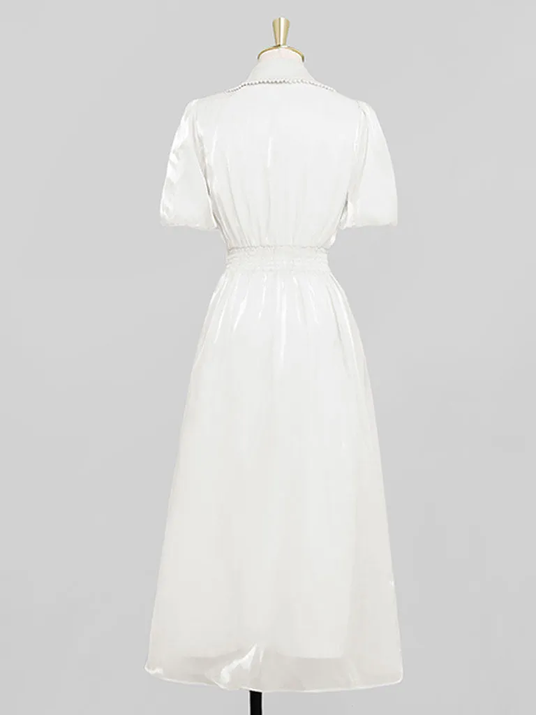 White Organza Pearl Collar Short Sleeve 1950S Swing Dress
