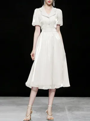 White Organza Pearl Collar Short Sleeve 1950S Swing Dress