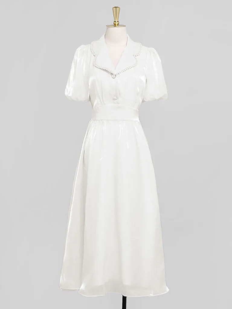 White Organza Pearl Collar Short Sleeve 1950S Swing Dress