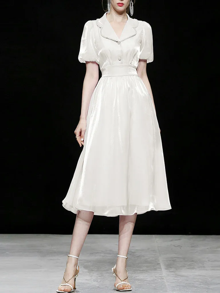 White Organza Pearl Collar Short Sleeve 1950S Swing Dress
