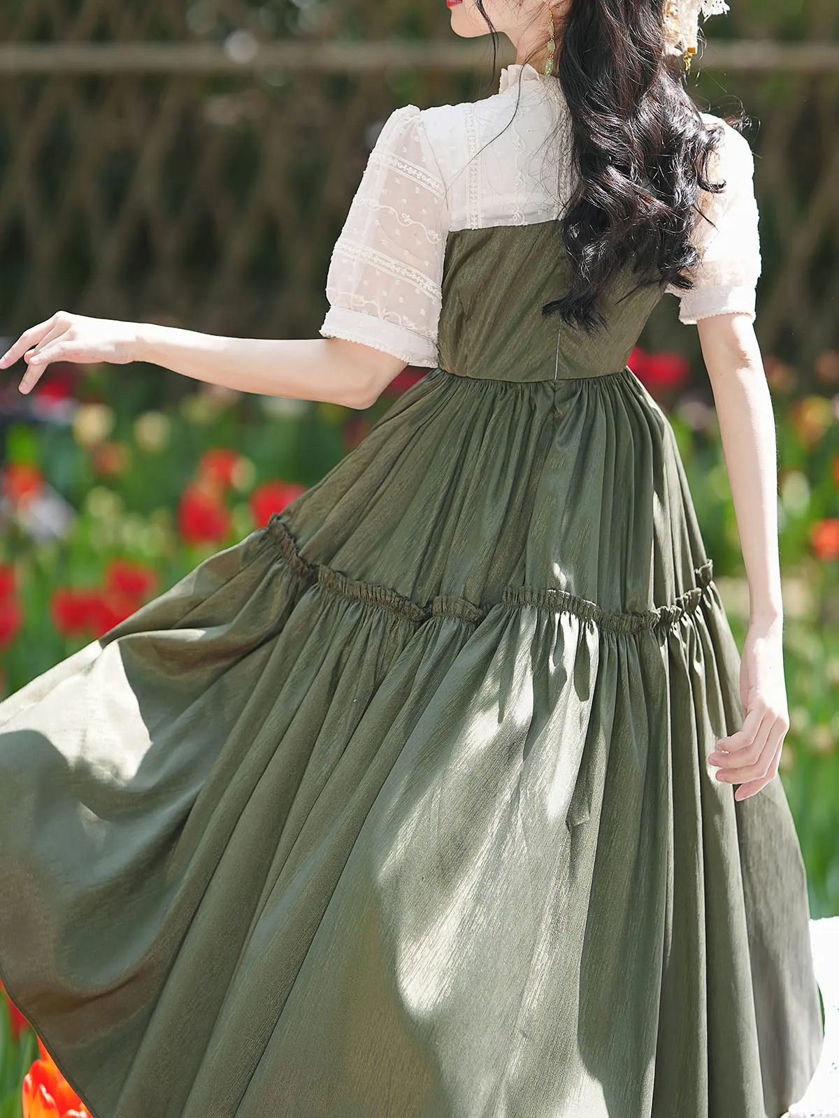 White Puff Sleeve With Green Cute Dress Vintage Princess Dress