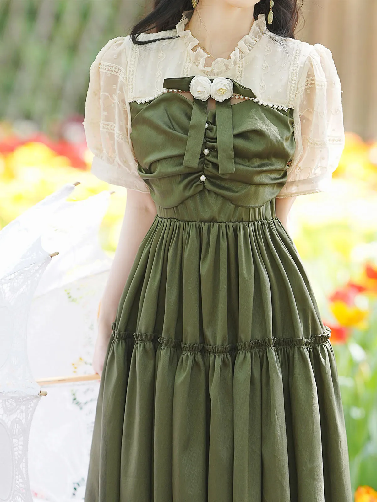 White Puff Sleeve With Green Cute Dress Vintage Princess Dress