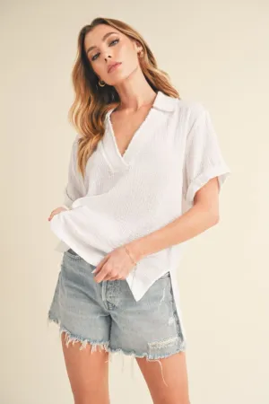 White Side Slit Johnny Collar Short Sleeve Cotton Gauze Blouse
