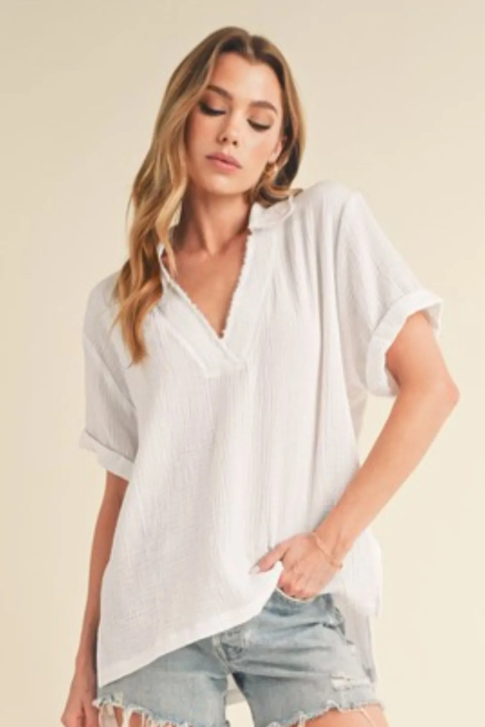White Side Slit Johnny Collar Short Sleeve Cotton Gauze Blouse