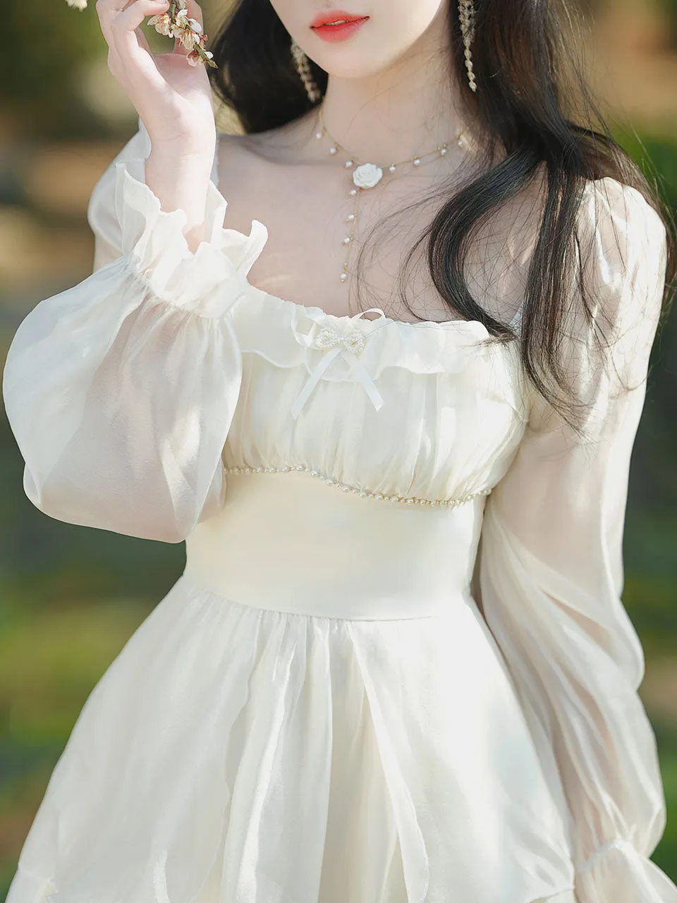 White Square Collar Long Sleeve Ruffles Vintage 1950S Dress