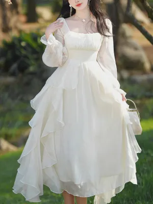 White Square Collar Long Sleeve Ruffles Vintage 1950S Dress