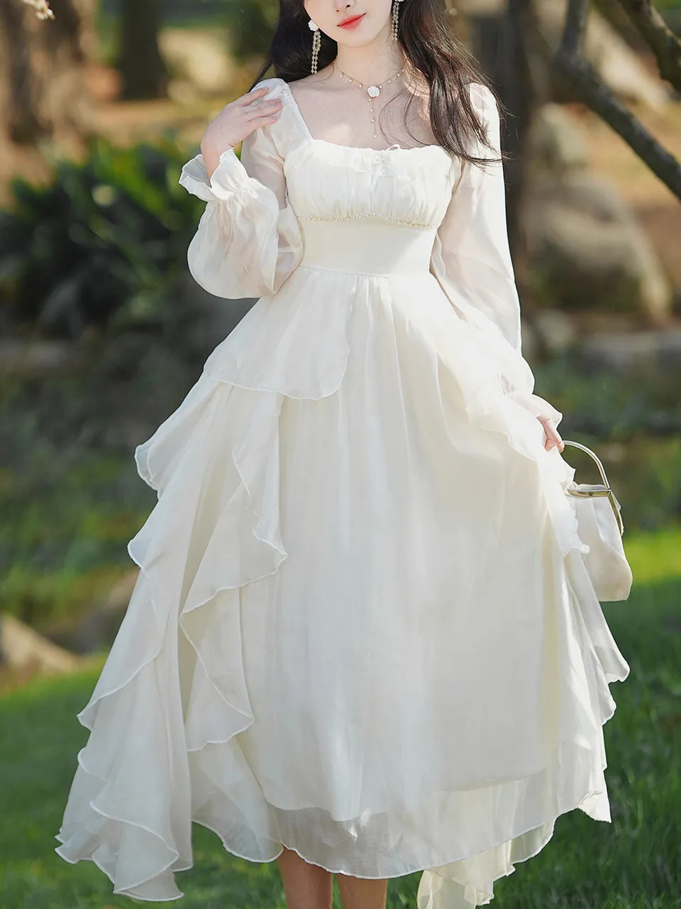 White Square Collar Long Sleeve Ruffles Vintage 1950S Dress