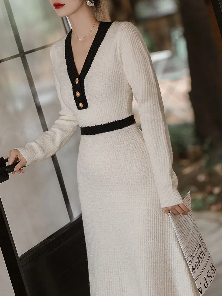 White V Neck Long Sleeve Turtleneck Sweater Swing Dress