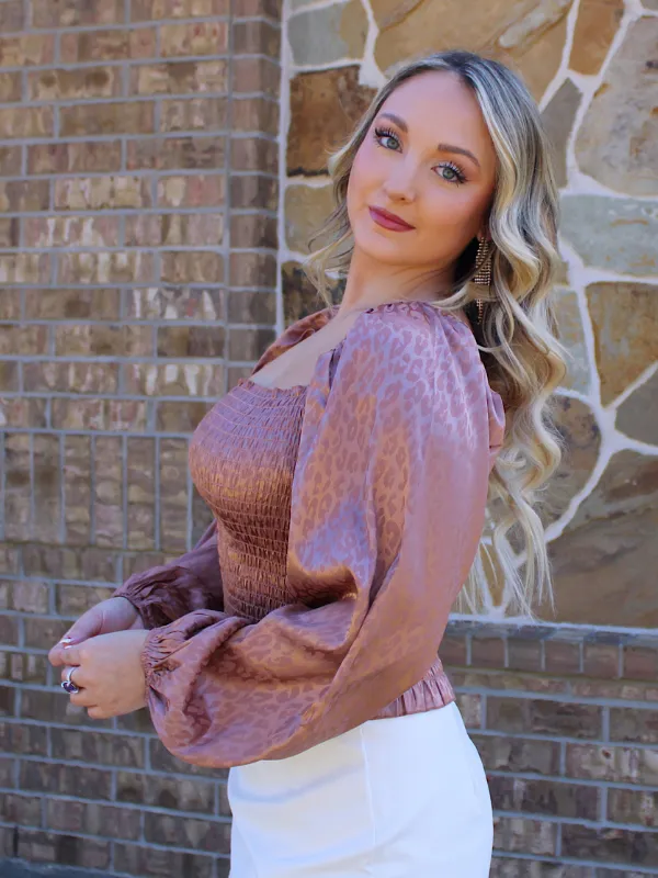 Wild About You Ruched Long Sleeve Cheetah Top, Brown