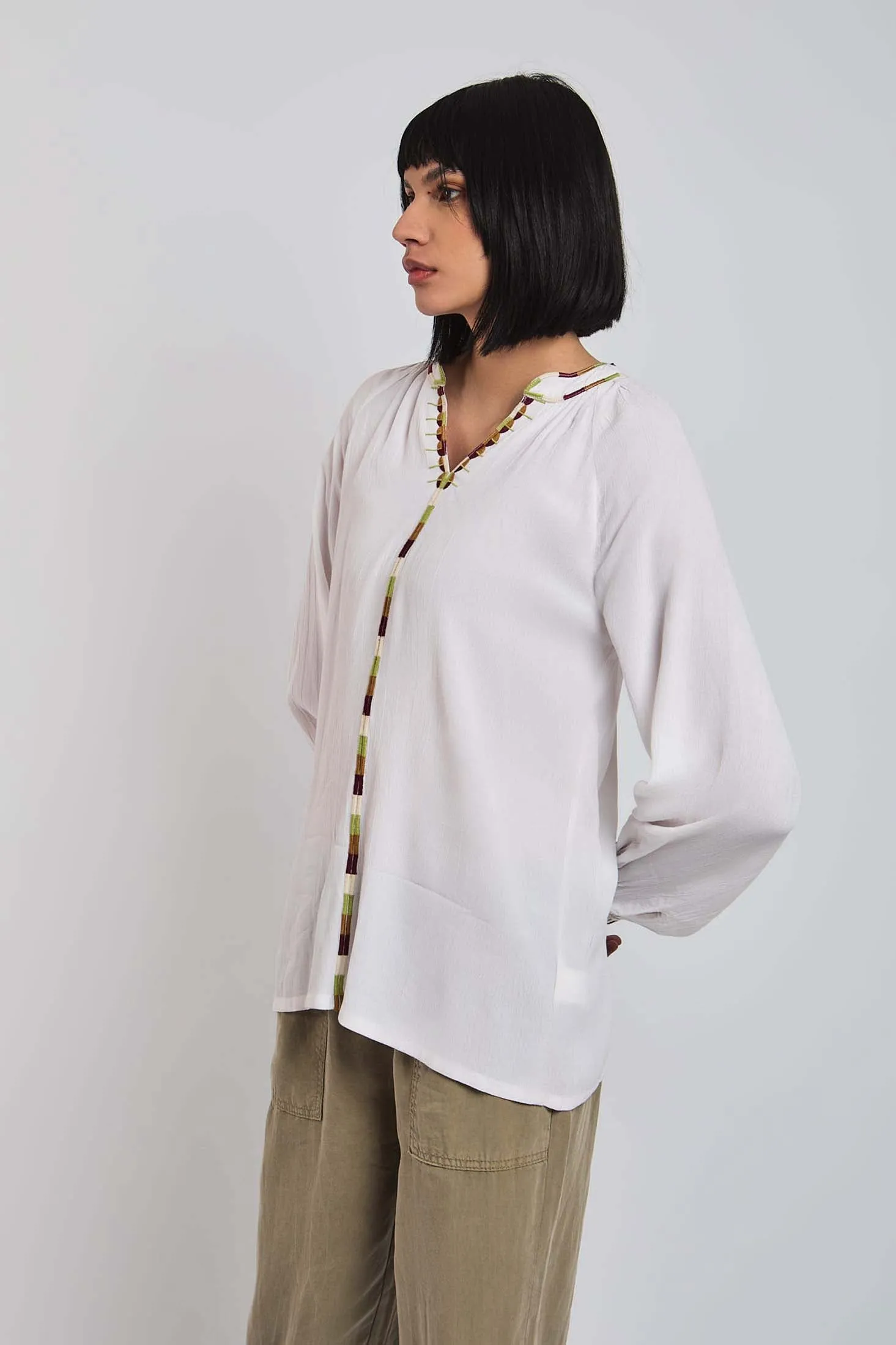 Women Blouse  Long Sleeve V-Neck White