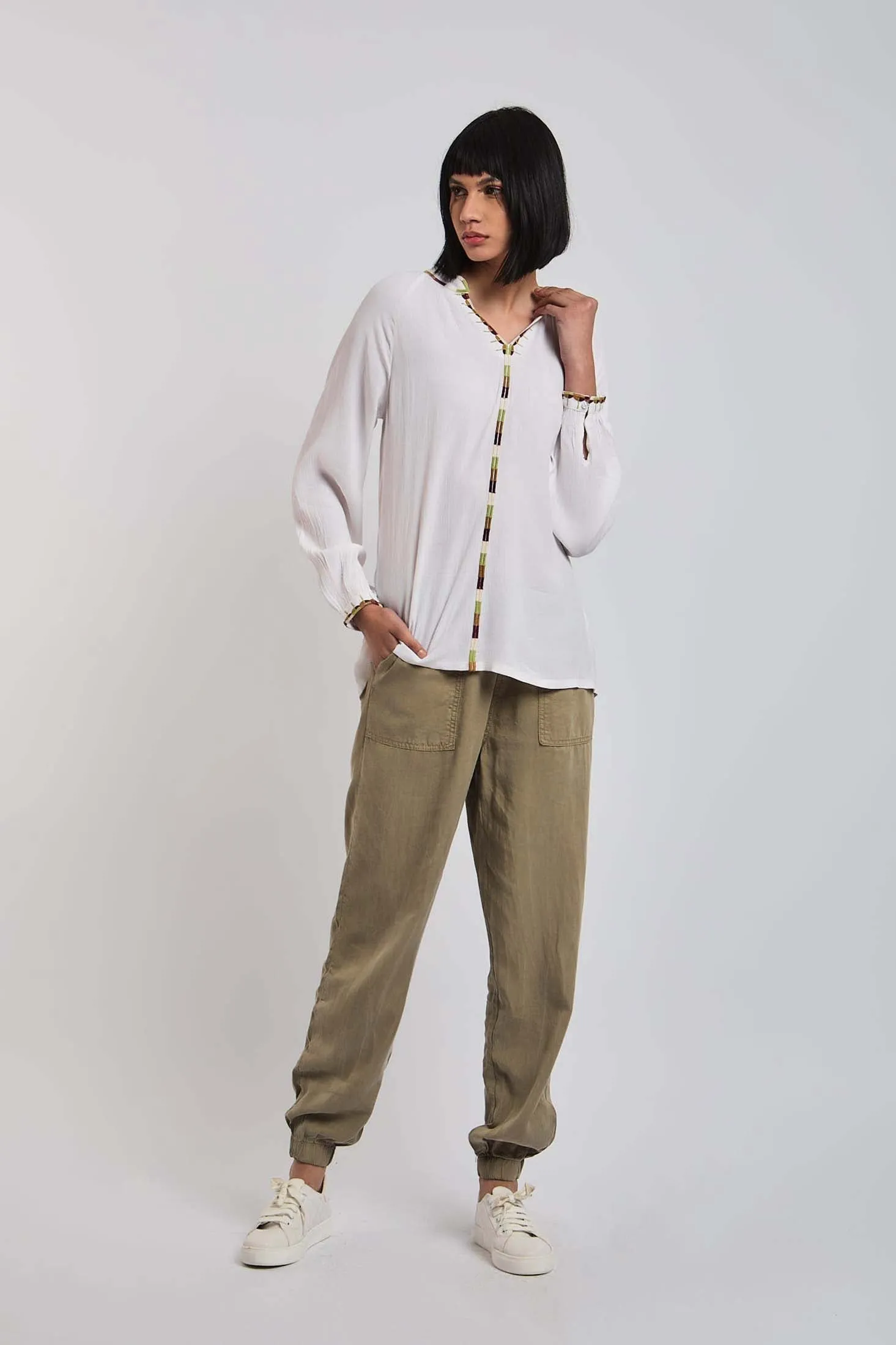 Women Blouse  Long Sleeve V-Neck White