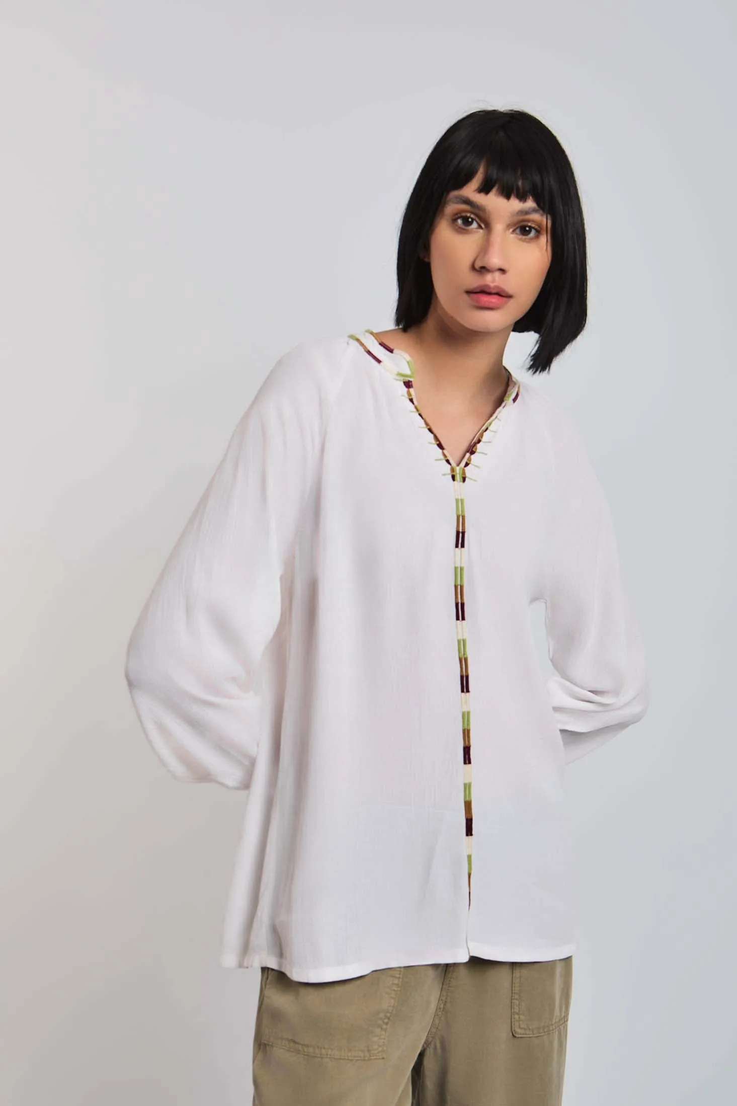 Women Blouse  Long Sleeve V-Neck White