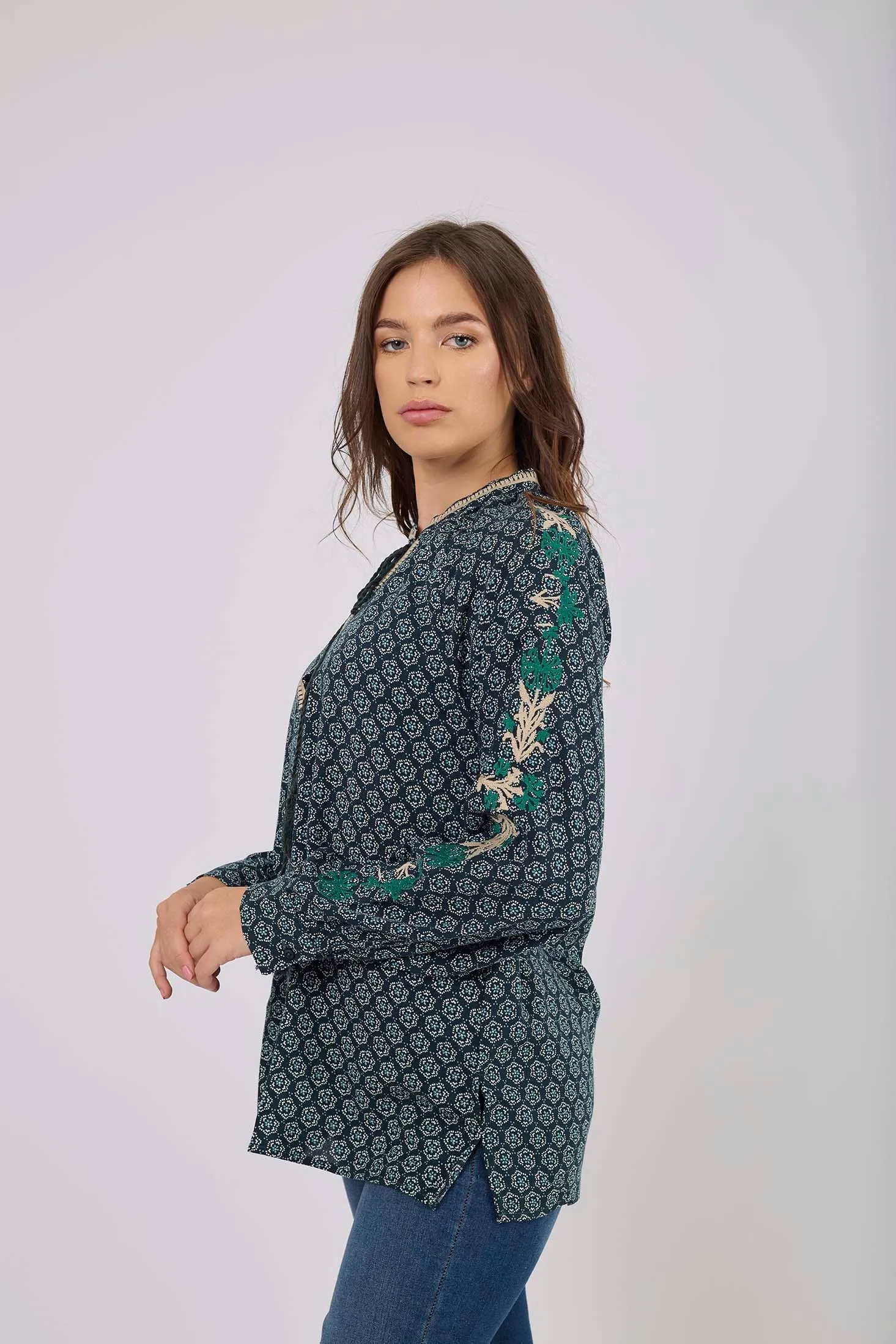 Women Blouse Viscose  Long Sleeve V-Neck Multicolor