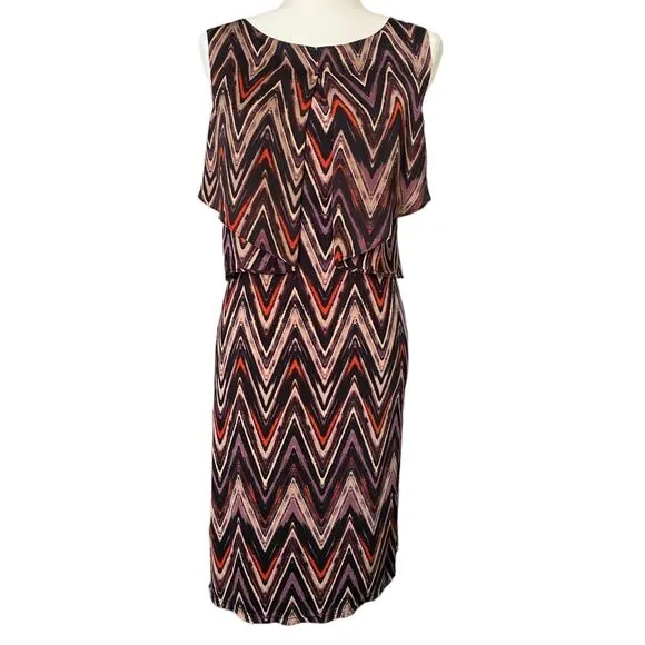 Womens Dressbarn Brown Flare Skirt Chevron Sleeveless Dress Knee Length Size 12
