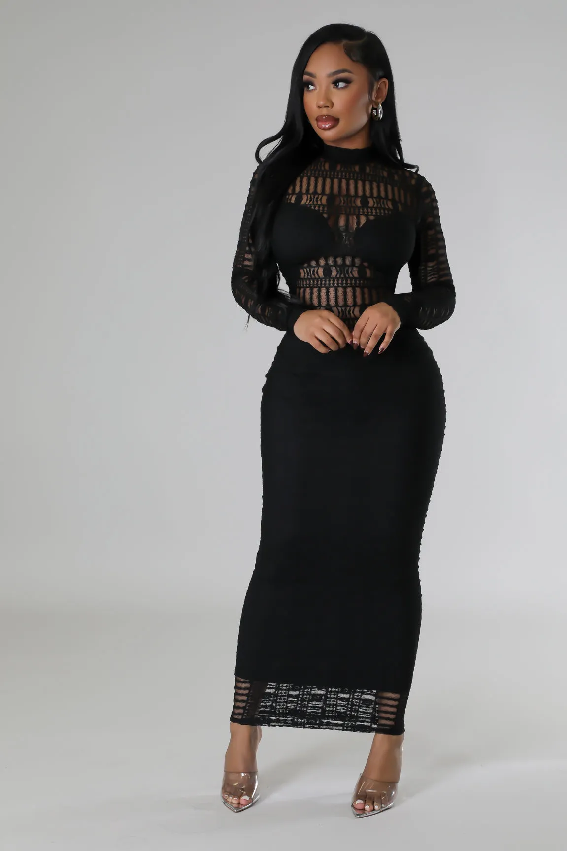 Women's Goddess Long Sleeve Roman Laced Black Maxi Dress