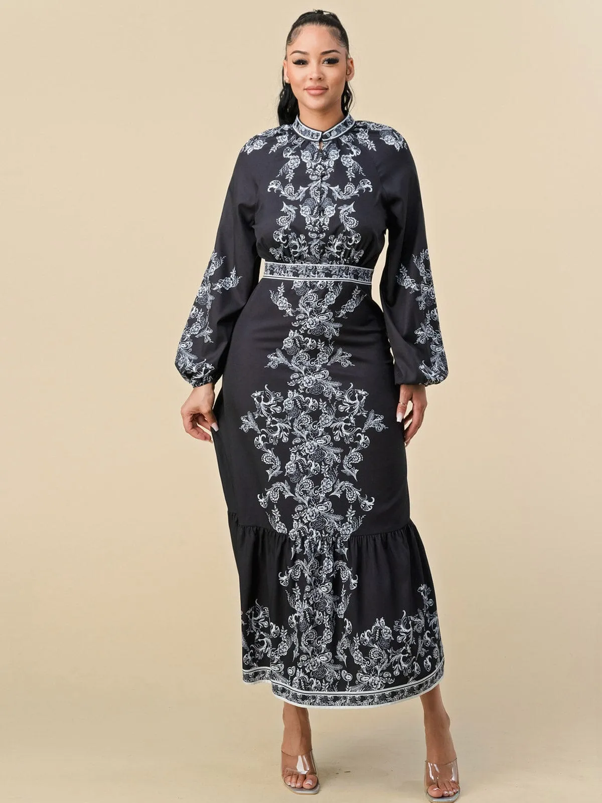 WOMEN'S LONG BALLOON SLEEVES FLORAL PRINT MAXI DRESS