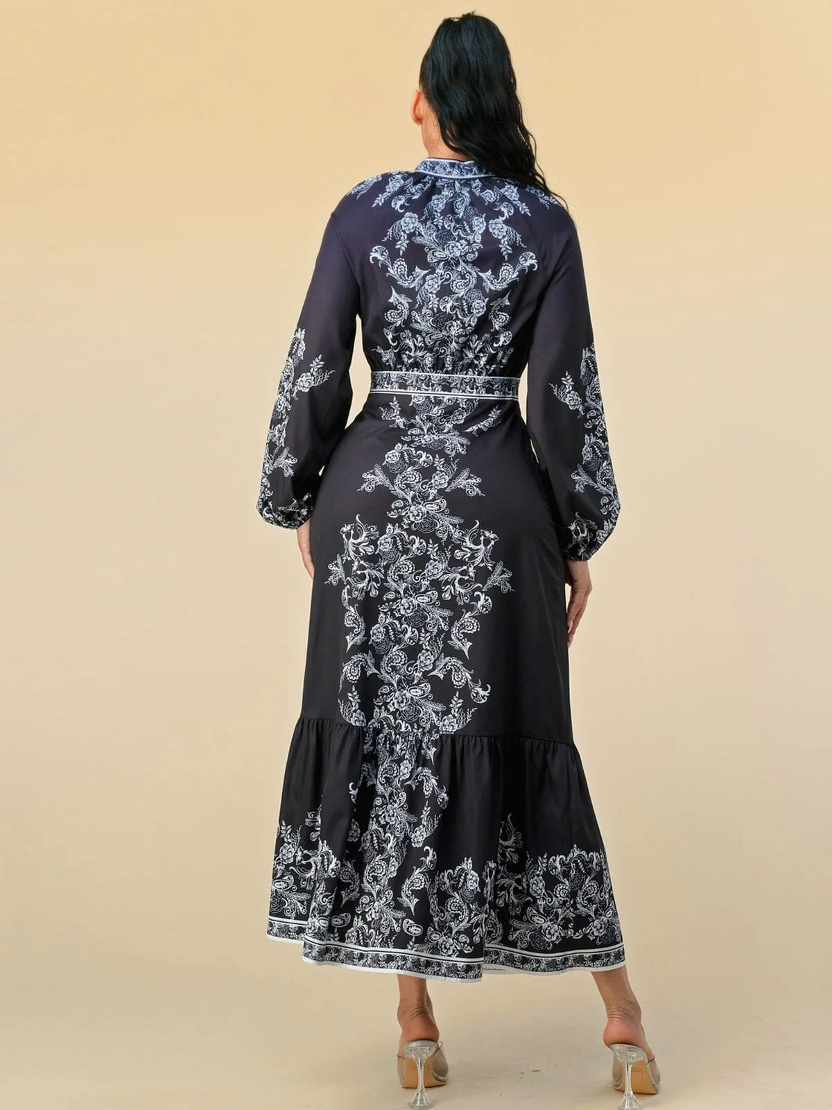 WOMEN'S LONG BALLOON SLEEVES FLORAL PRINT MAXI DRESS