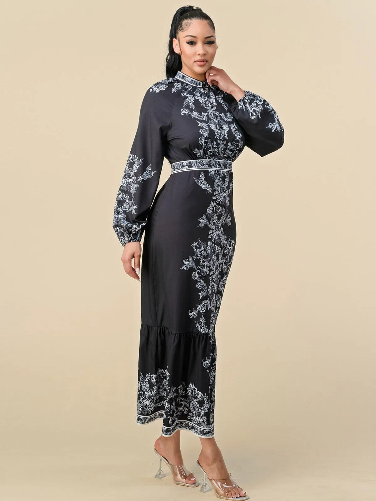WOMEN'S LONG BALLOON SLEEVES FLORAL PRINT MAXI DRESS