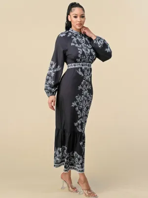 WOMEN'S LONG BALLOON SLEEVES FLORAL PRINT MAXI DRESS