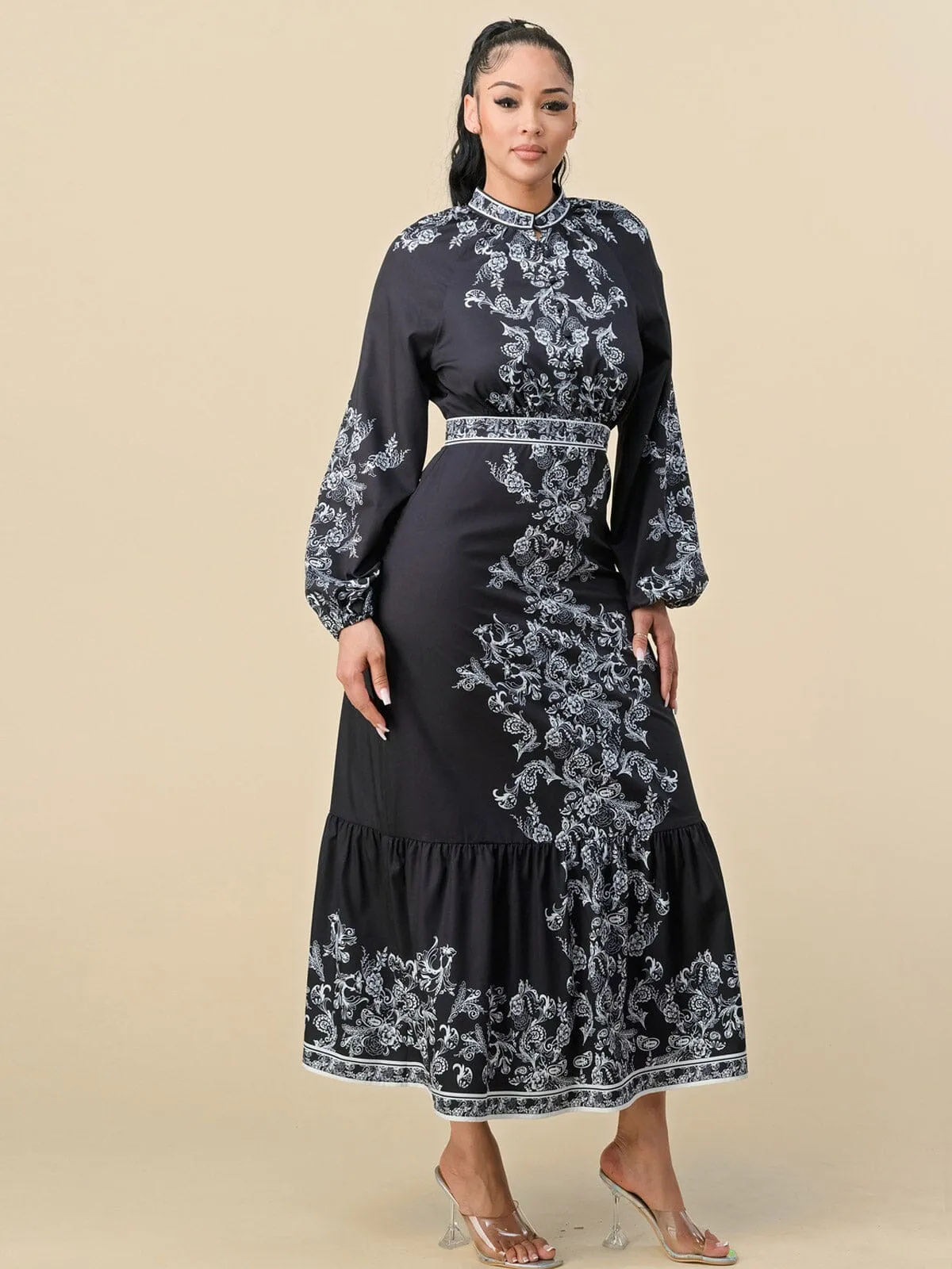 WOMEN'S LONG BALLOON SLEEVES FLORAL PRINT MAXI DRESS