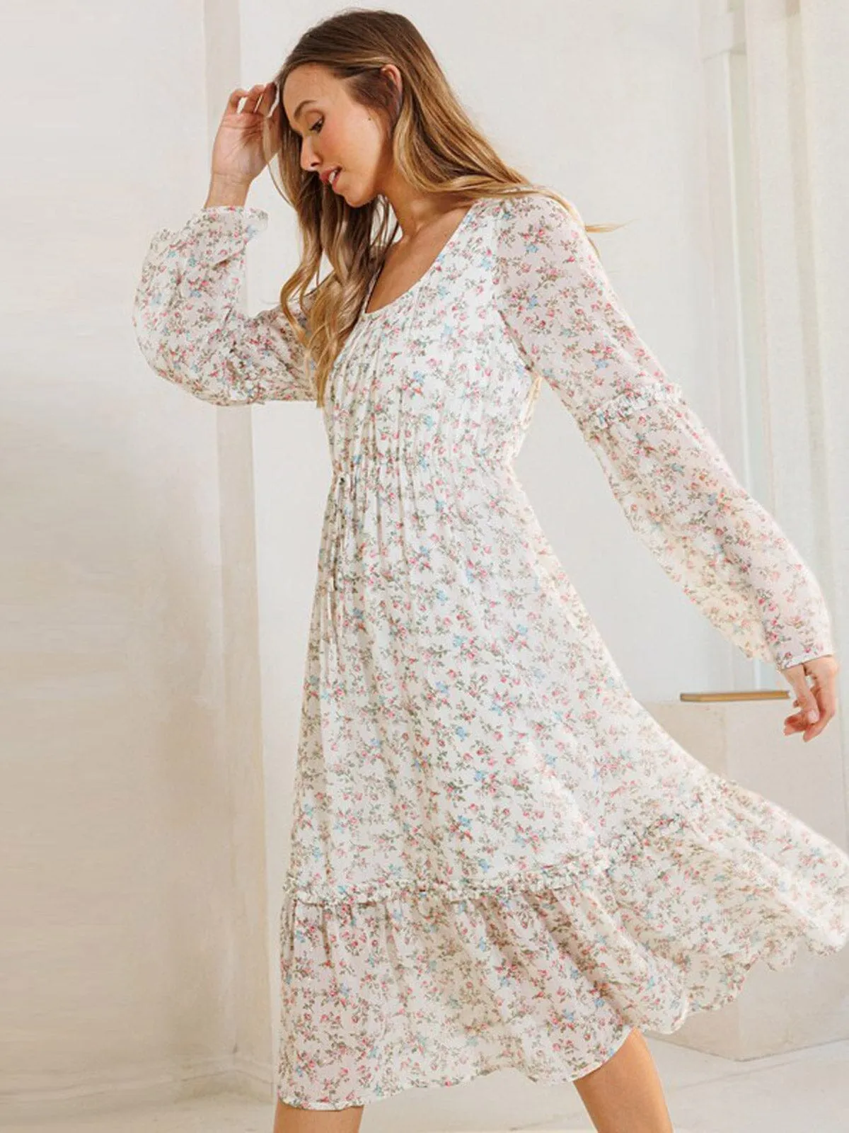 WOMEN'S LONG BELL SLEEVE ELASTIC WAIST FLORAL MIDI DRESS