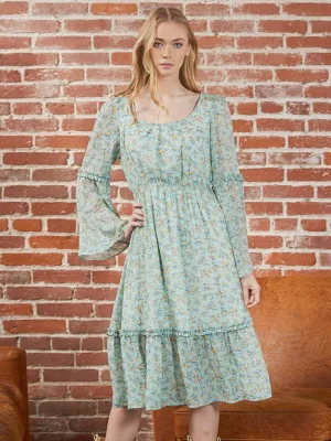 WOMEN'S LONG BELL SLEEVE ELASTIC WAIST FLORAL MIDI DRESS