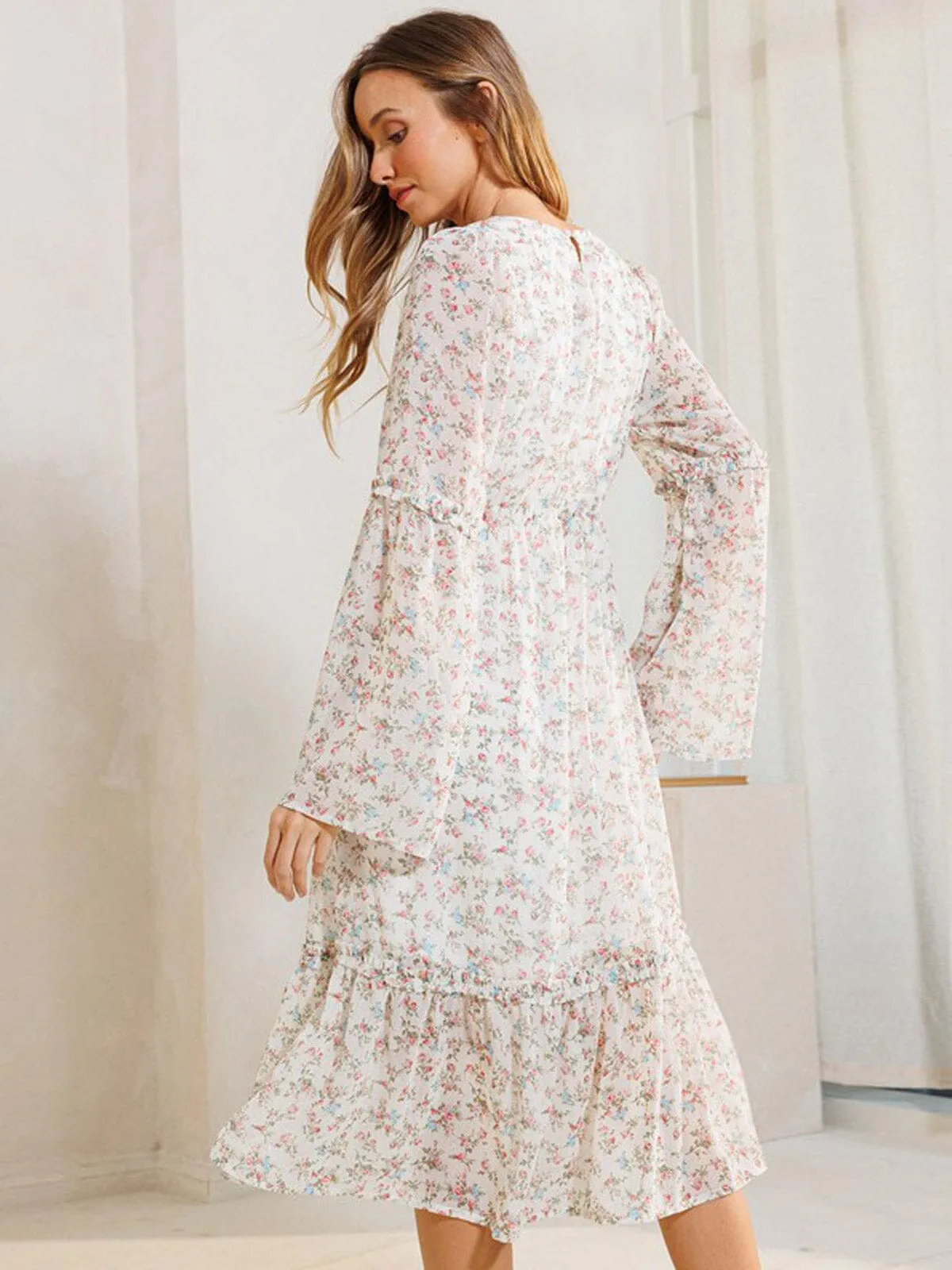 WOMEN'S LONG BELL SLEEVE ELASTIC WAIST FLORAL MIDI DRESS