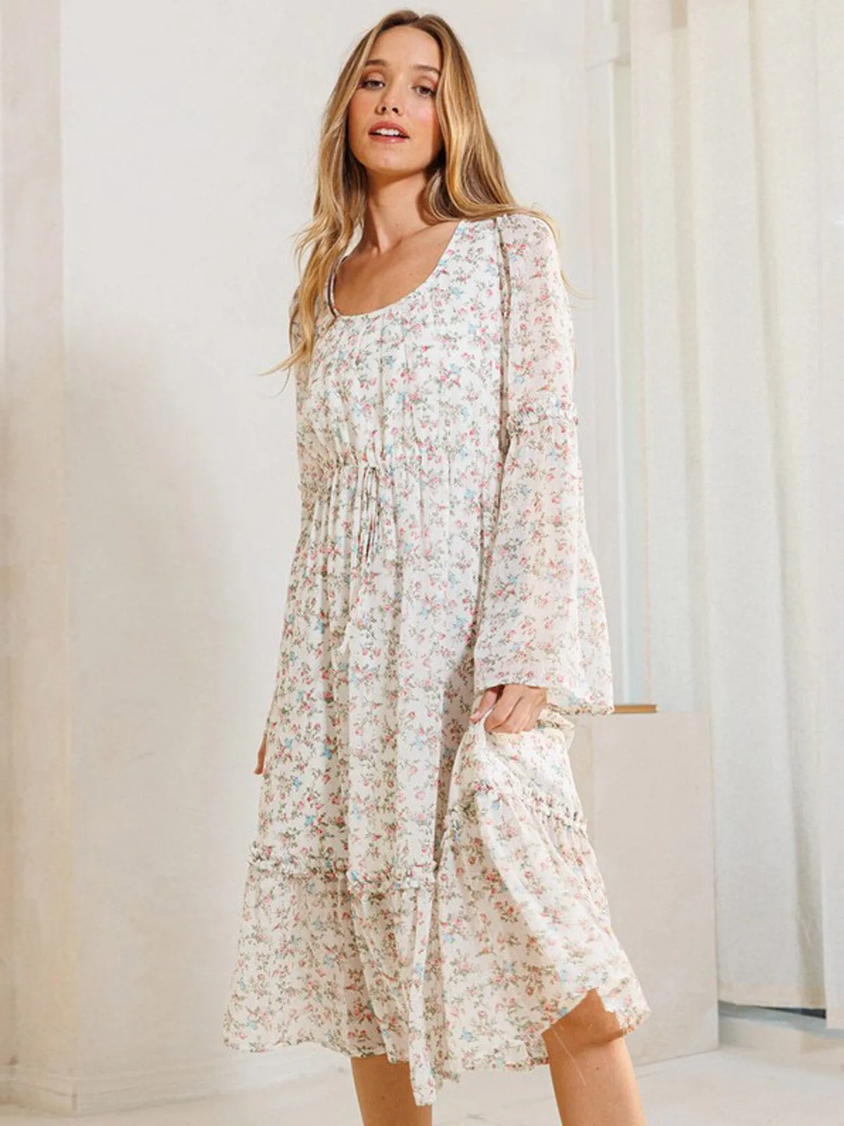 WOMEN'S LONG BELL SLEEVE ELASTIC WAIST FLORAL MIDI DRESS