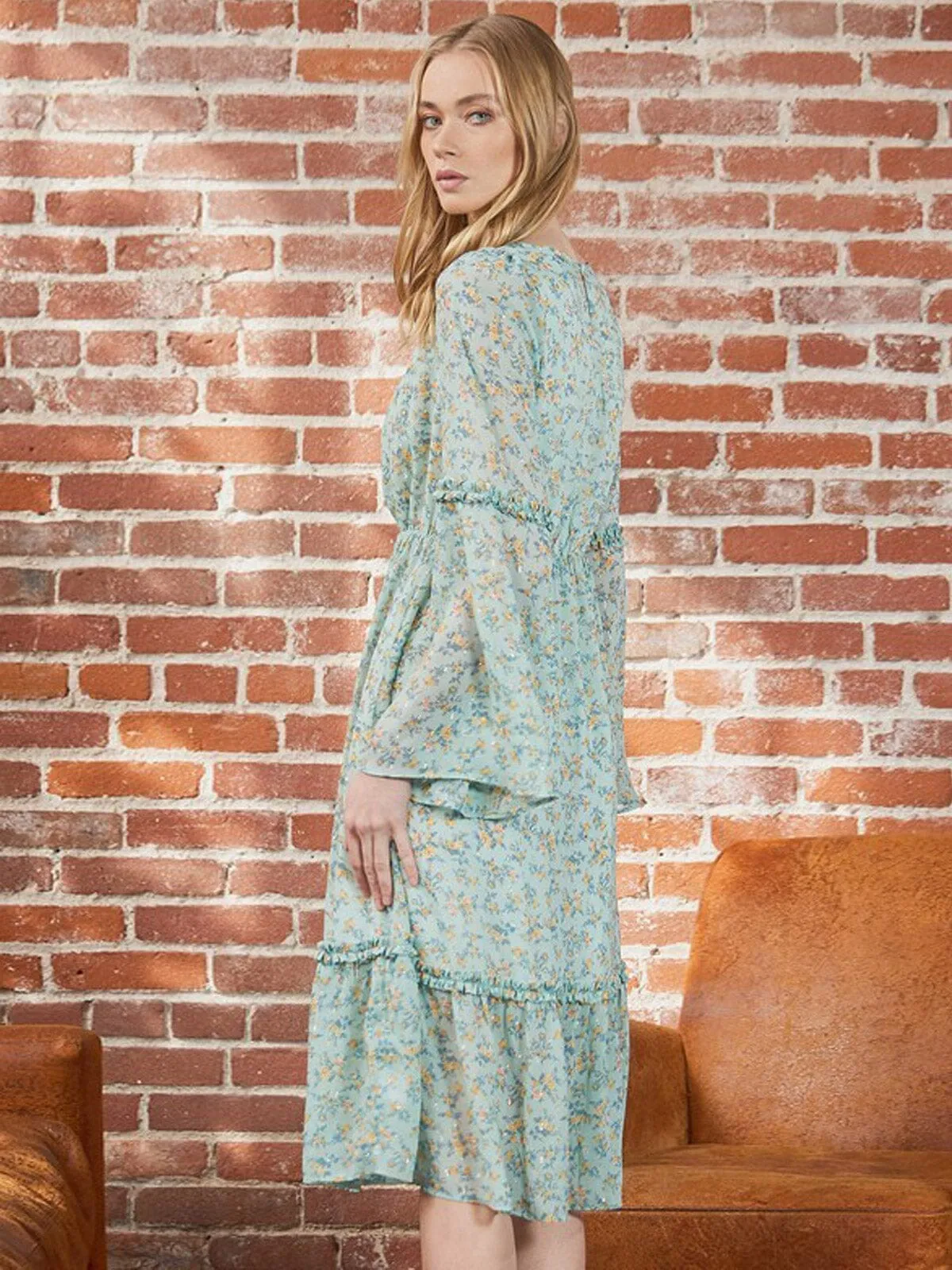 WOMEN'S LONG BELL SLEEVE ELASTIC WAIST FLORAL MIDI DRESS