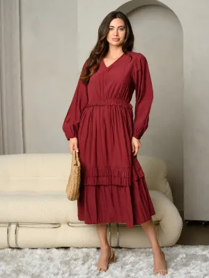WOMEN'S LONG PUFF SLEEVE V-NECL TRIM DETAILED MIDI DRESS
