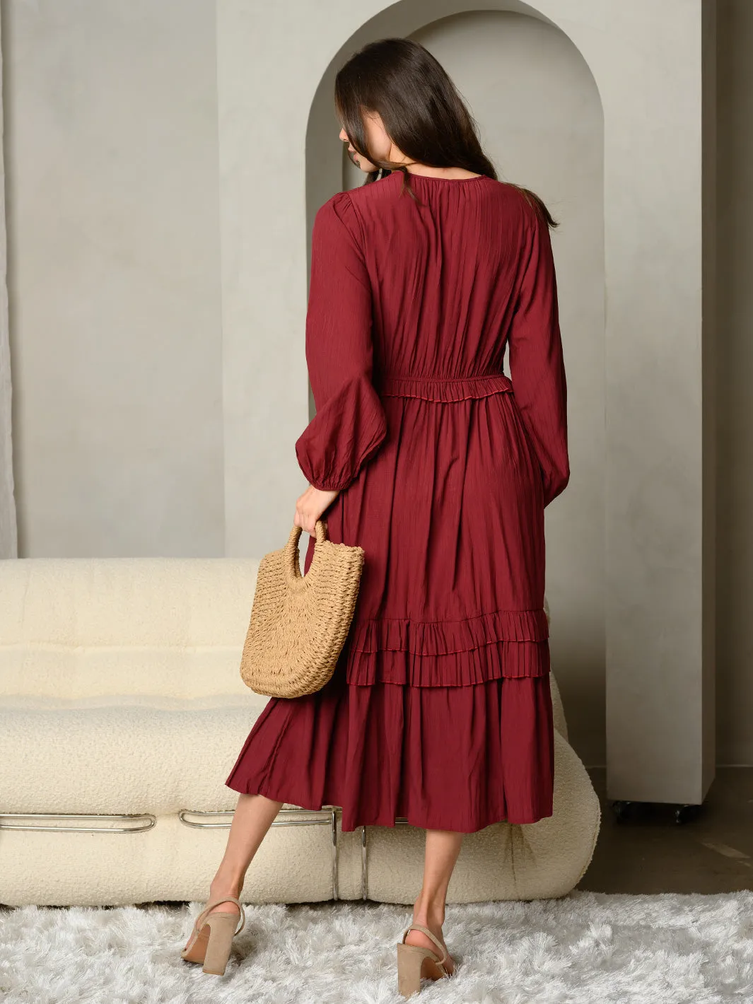 WOMEN'S LONG PUFF SLEEVE V-NECL TRIM DETAILED MIDI DRESS
