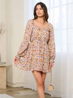 WOMEN'S LONG SLEEVE ELASTIC WAIST FIT & FLARE FLORAL MINI DRESS