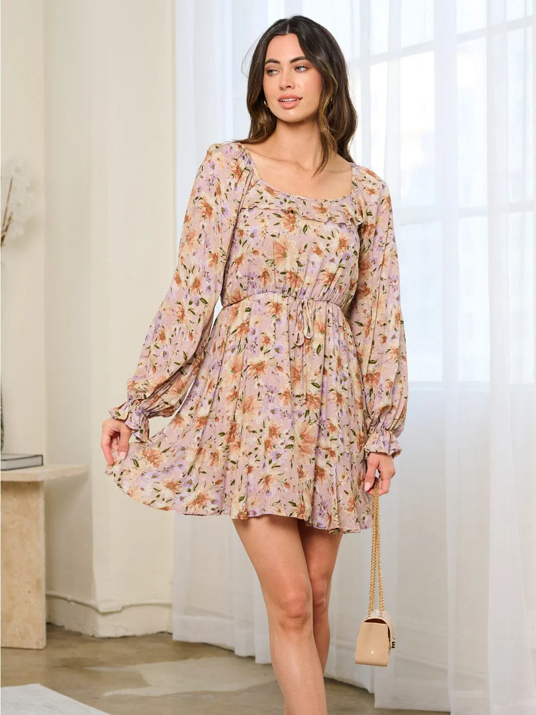 WOMEN'S LONG SLEEVE ELASTIC WAIST FIT & FLARE FLORAL MINI DRESS