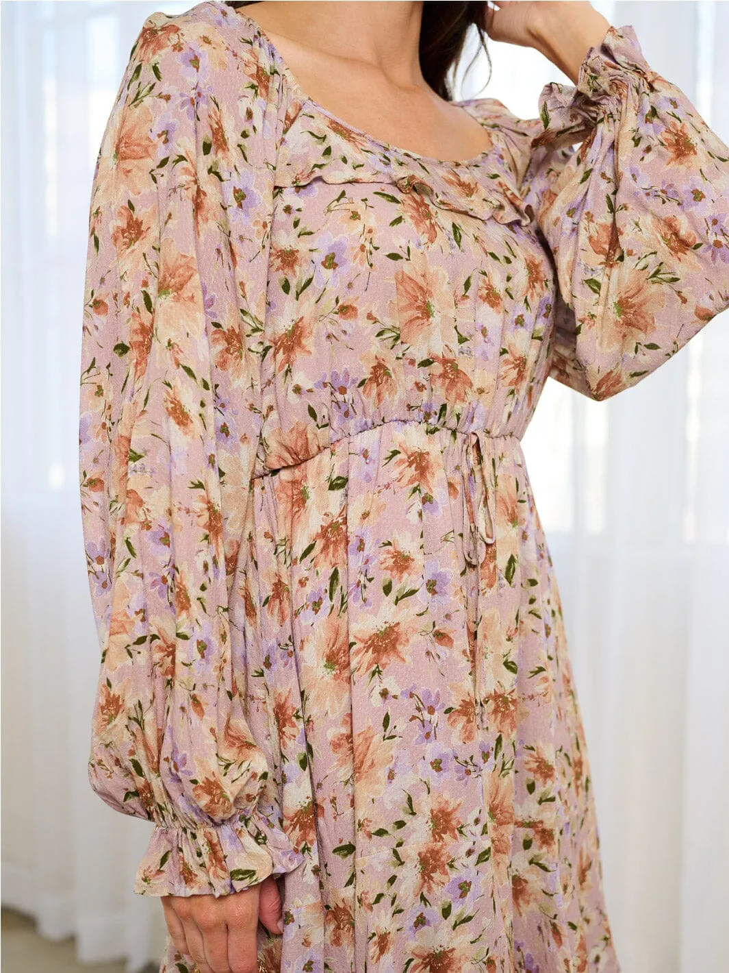 WOMEN'S LONG SLEEVE ELASTIC WAIST FIT & FLARE FLORAL MINI DRESS