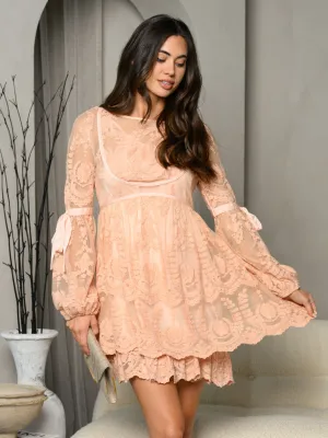 WOMEN'S LONG SLEEVE EMBROIDERY MESH TIERED MINI DRESS