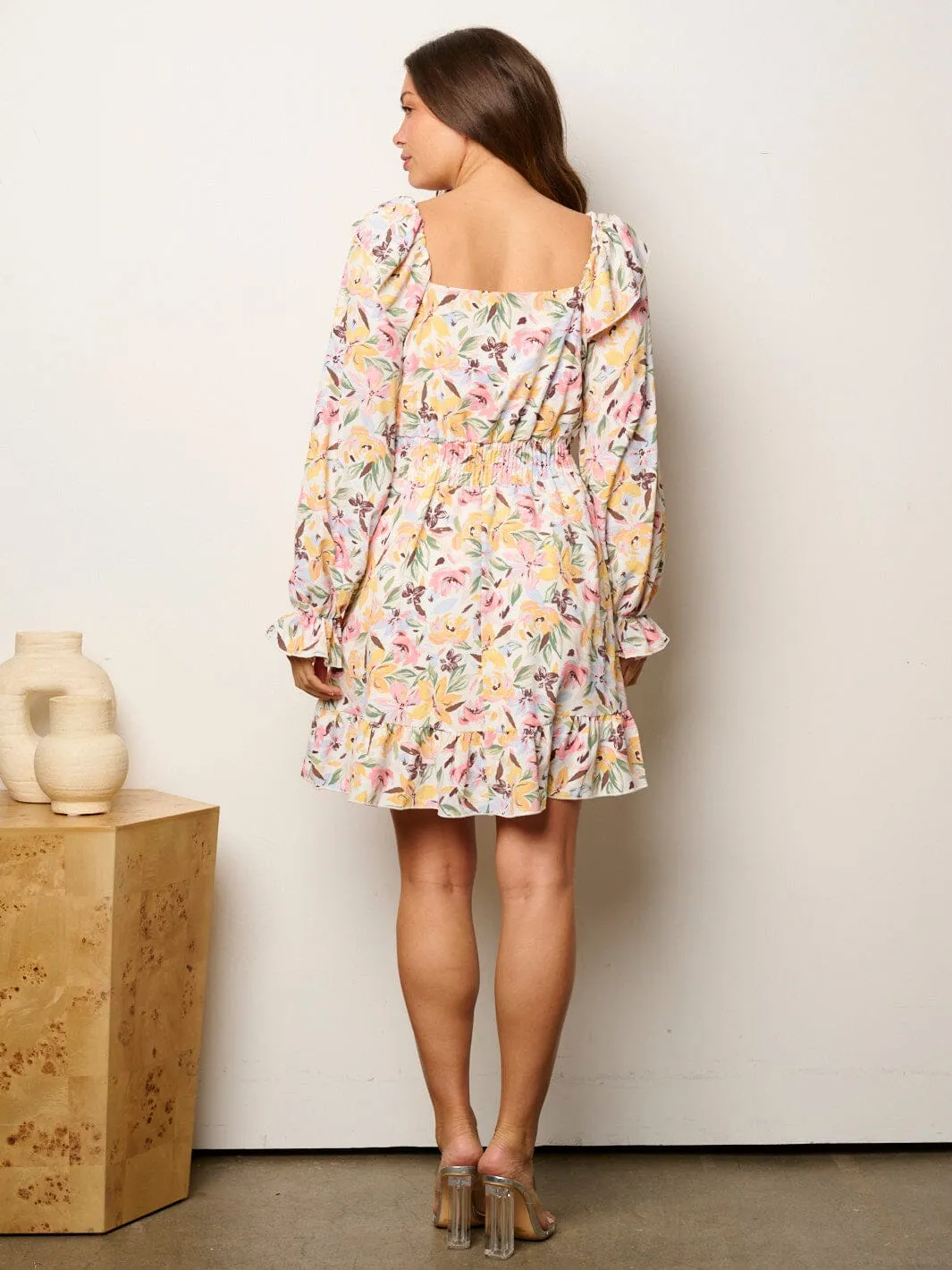 WOMEN'S LONG SLEEVE FIT & FLARE RUFFLE FLORAL MINI DRESS