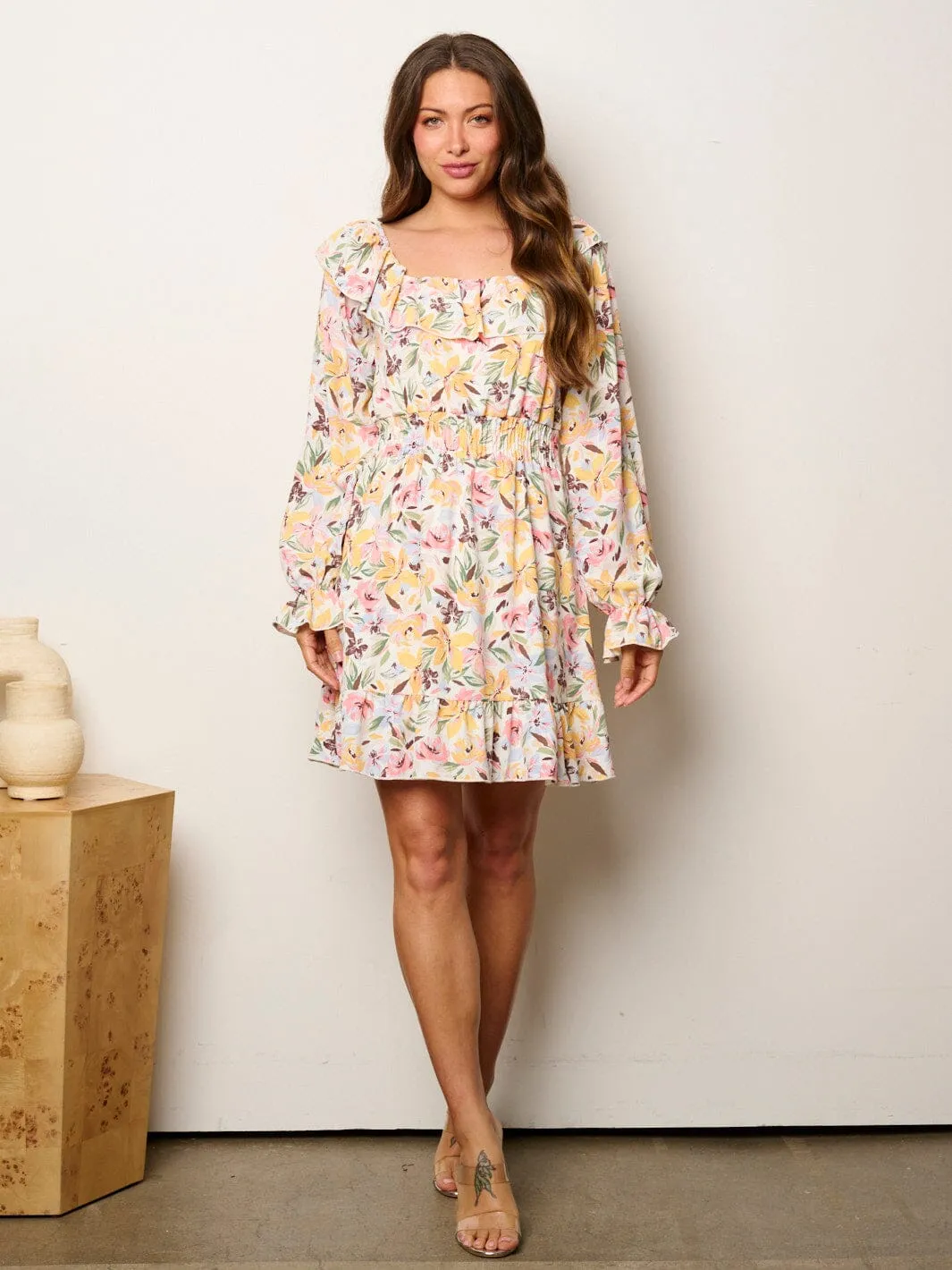 WOMEN'S LONG SLEEVE FIT & FLARE RUFFLE FLORAL MINI DRESS