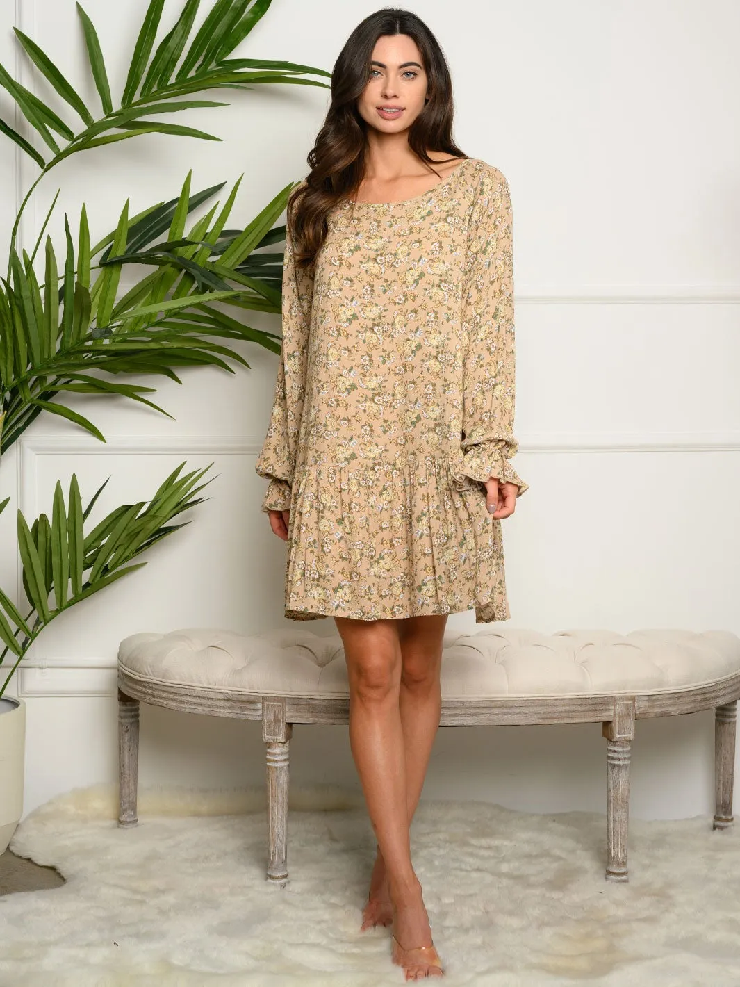 WOMEN'S LONG SLEEVE FLORAL MINI DRESS