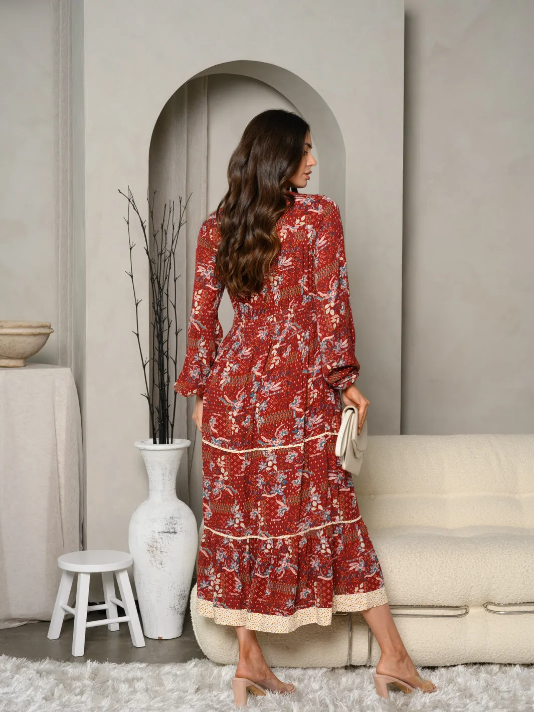 WOMEN'S LONG SLEEVE FLORAL PRINT TIERED MAXI DRESS