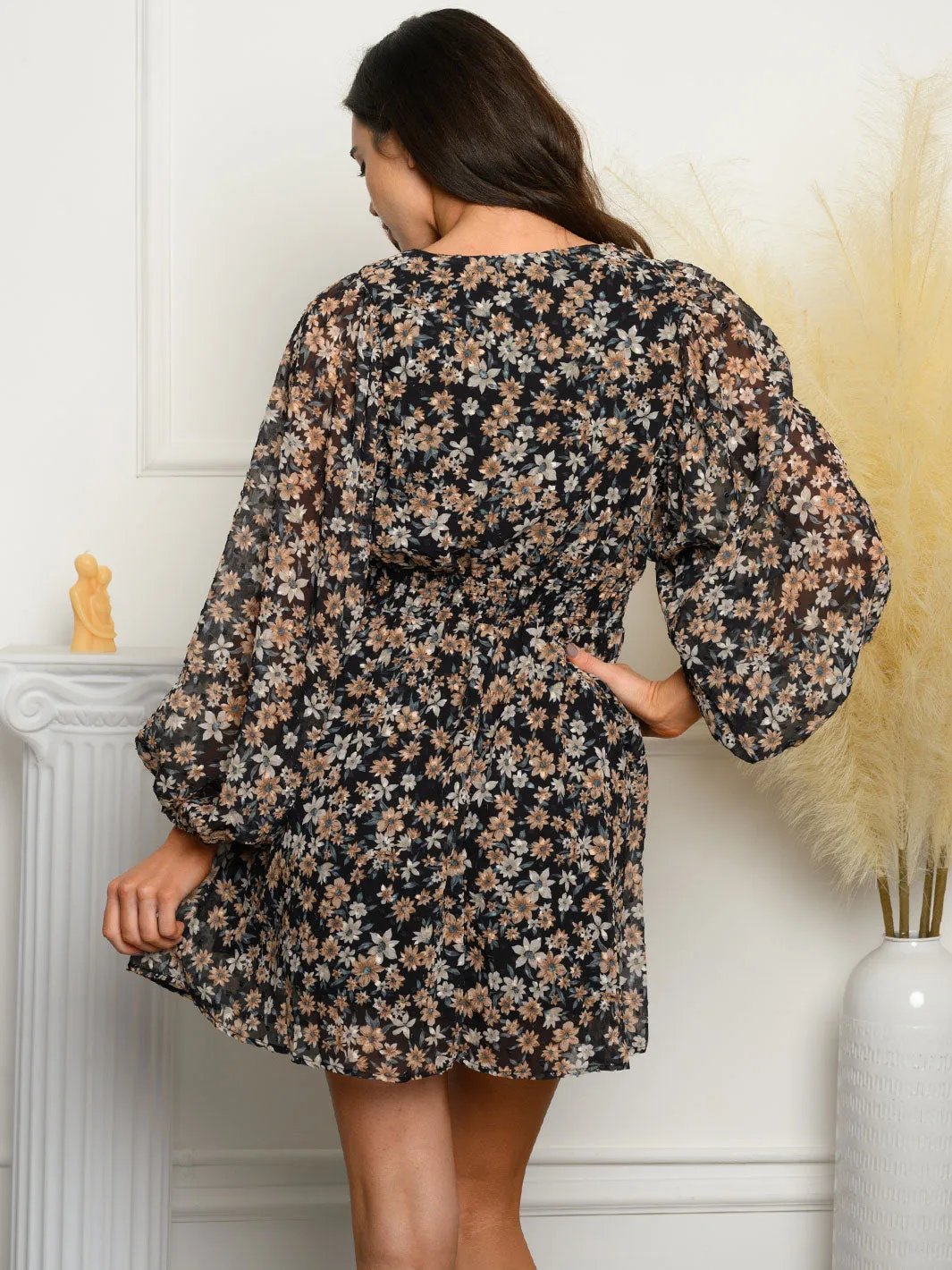 WOMEN'S LONG SLEEVE FLORAL SWISS DOT MINI DRESS