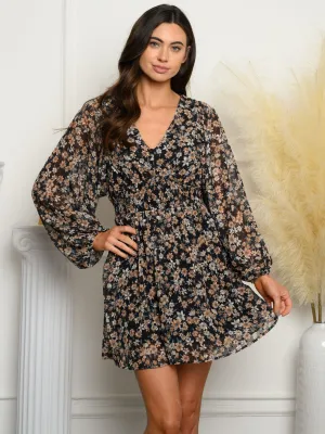 WOMEN'S LONG SLEEVE FLORAL SWISS DOT MINI DRESS
