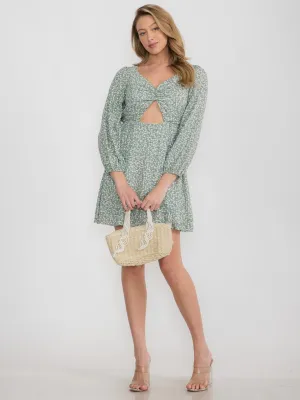WOMEN'S LONG SLEEVE FRONT CUT OUT FLORAL MINI DRESS